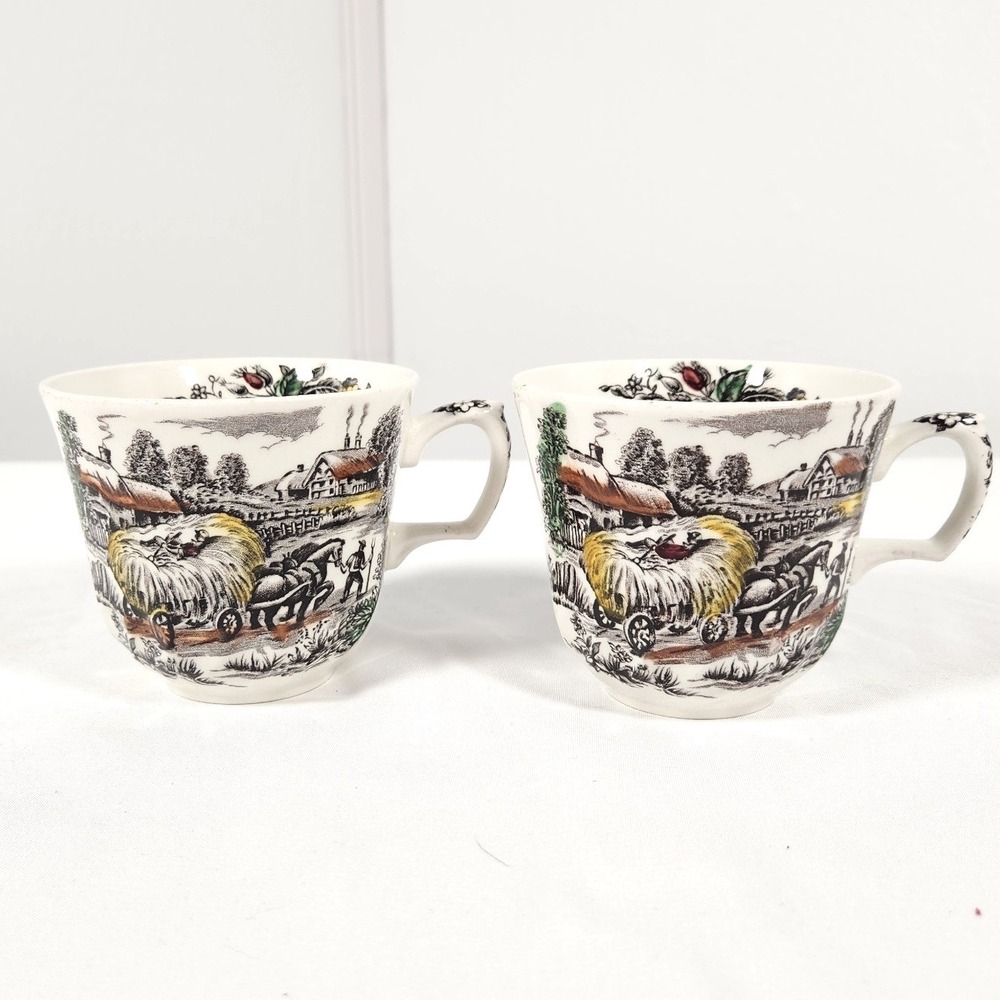 VTG Staffordshire Yorkshire Ironstone Tea Cups Brown Transferware England Pair 2